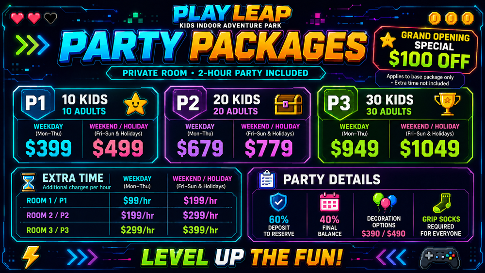 Play Leap party packages pricing artwork